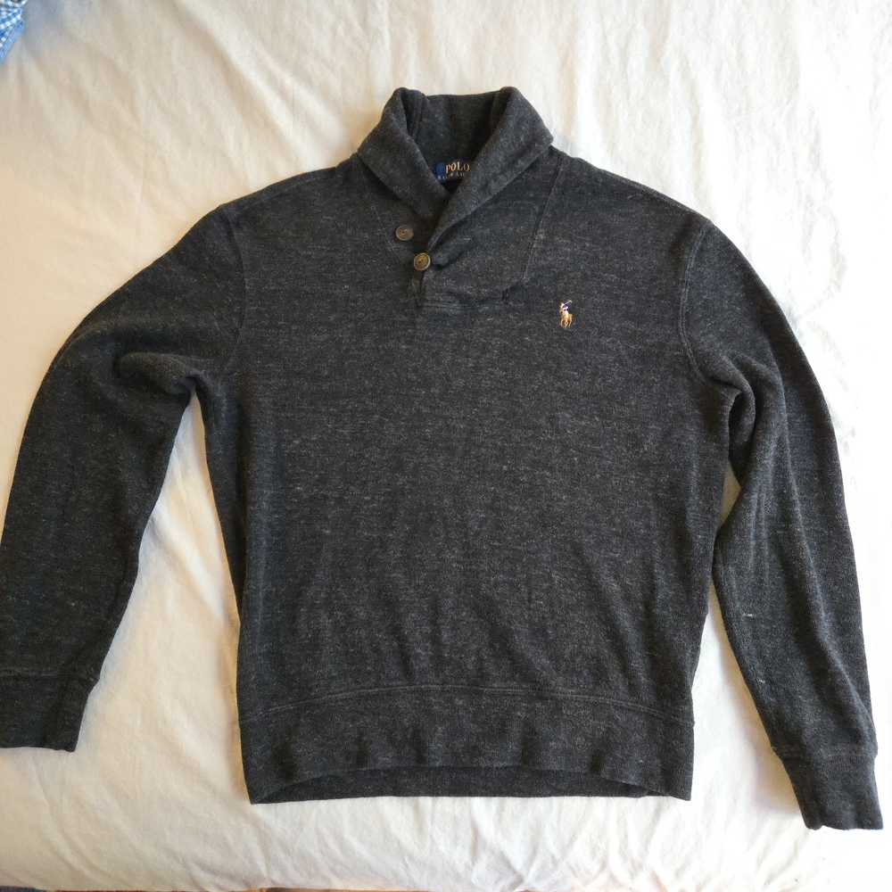 Ralph Lauren Dark Gray Shawl Button Neck Turtleneck Sweater Cotton